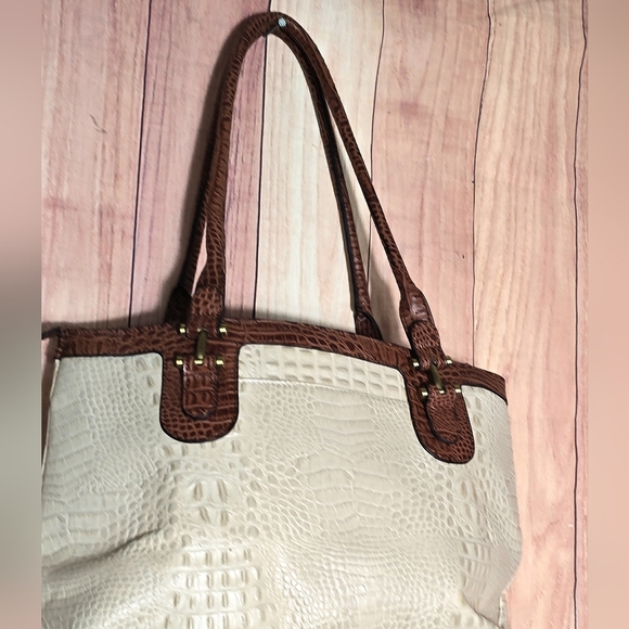 Etienne Aigner Leather Vintage Croc Embossed  Cream & Brown Tote Satchel 15x10" - Picture 9 of 15